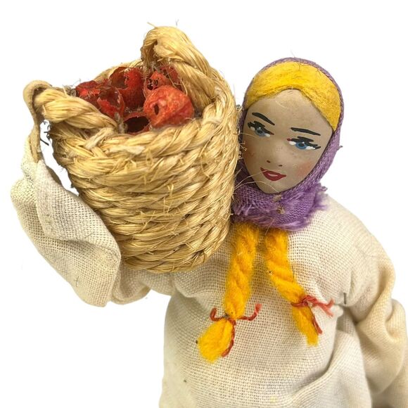 Sabra Israeli Doll Woman Folk Art Display Handmade Traditional 8" Wooden Basket - Picture 2 of 7